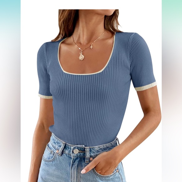 ZESICA Women's Short Sleeve Square Neck Color Block Ribbed T Shirt - Picture 1 of 2